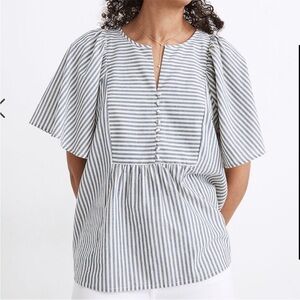 Madewell Blue and White Striped Puff-Sleeve Peasant Top
